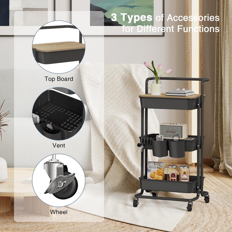 DTK 3 Tier Rolling Cart Uility Cart with Cover Board, Mobile Storage Cart with Wheels, Cups, Hooks for Office Utility Kitchen Bathroom Homeschool Art Craft Postpartum Teacher Cart Organizer(Black) - Image 3